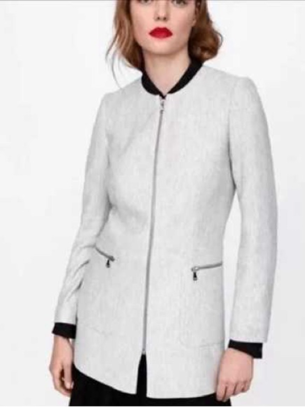 Zara Herringbone Zip-Front Long Blazer